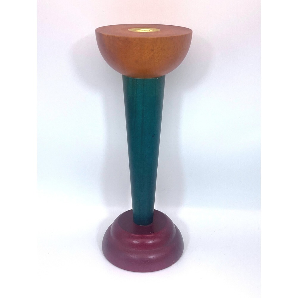 IKEA Monokel Vintage Candle Holder 1980s Post Modern Wood Brass Green Burgundy